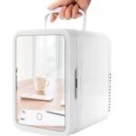 ثلاجة صغيرة مع ضوء LED وباب بمرآة أبيض 4 لتر